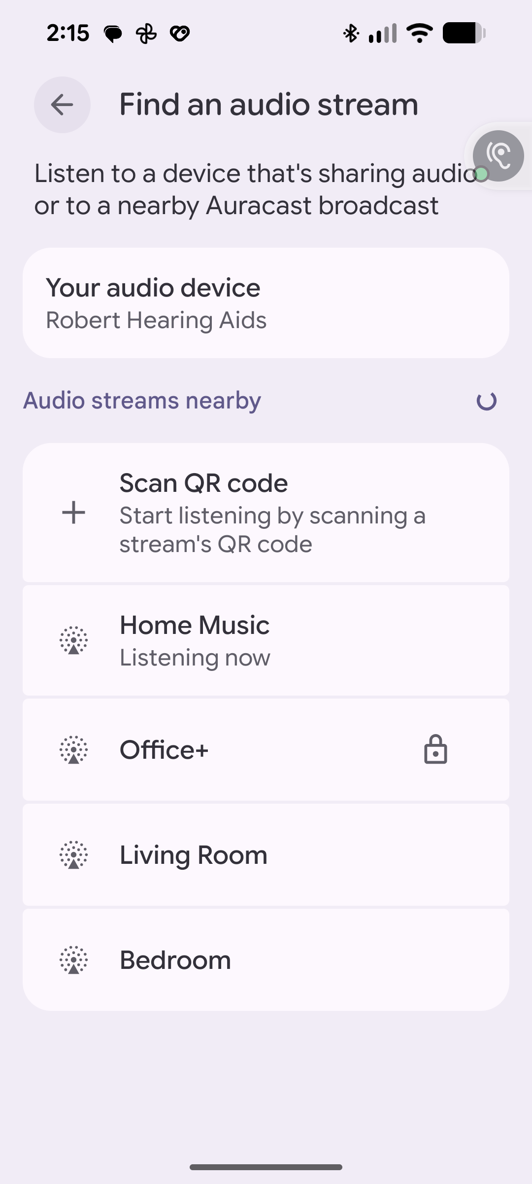 Android Auracast stream picker showing Office+, Home Music, Living Room, and Bedroom broadcasts