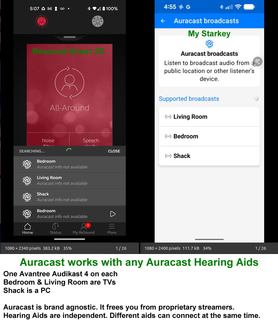 Side-by-side screenshots of ReSound Smart 3D and My Starkey showing the same Auracast broadcasts: Living Room, Bedroom, and Shack.